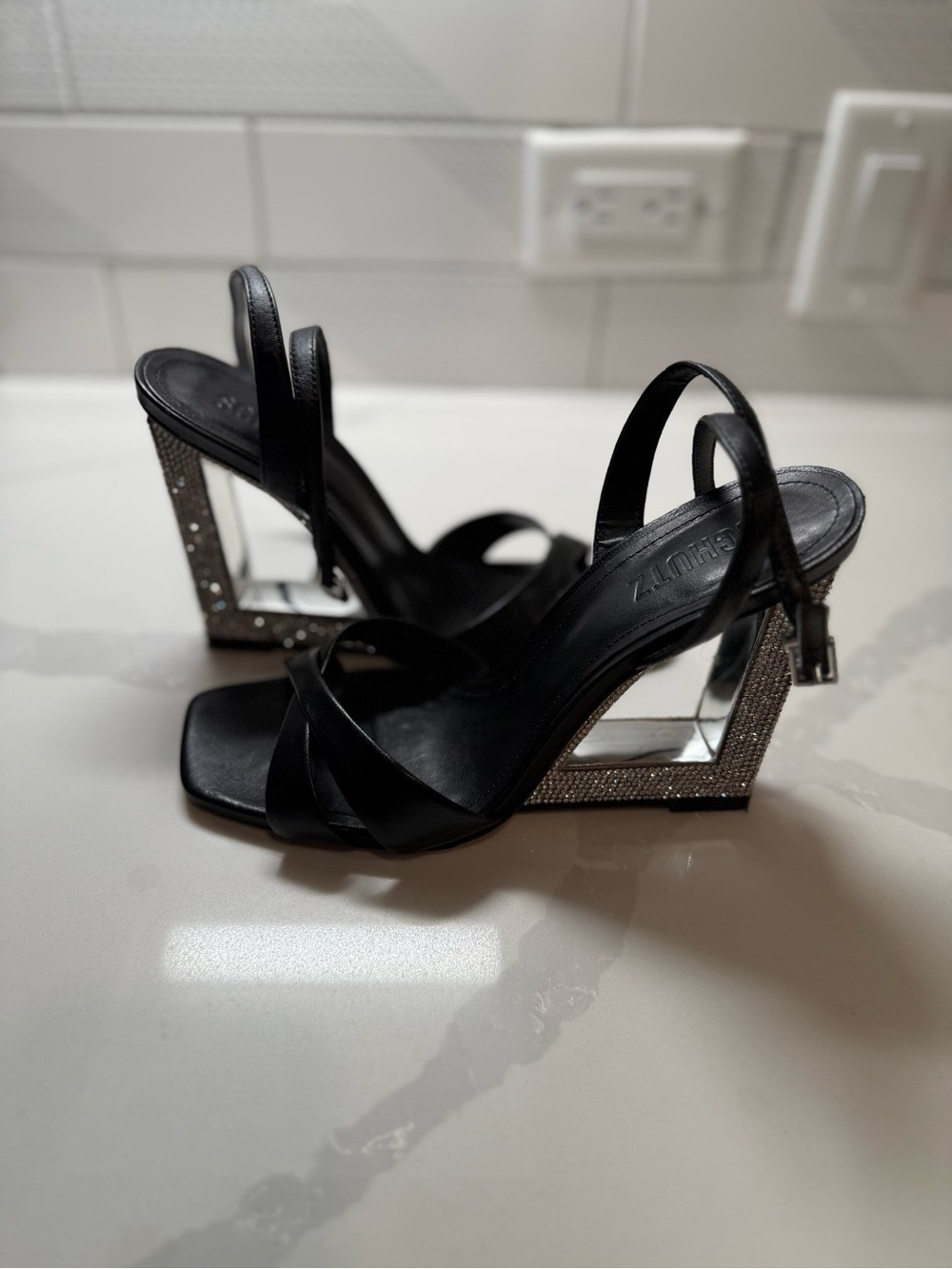 SCHUTZ Black Strappy Slingback Heels with Rhinestone Block Heel